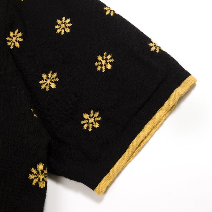 Heren Zwarte Vintage Gebloemde Jacquard Gebreide Polo