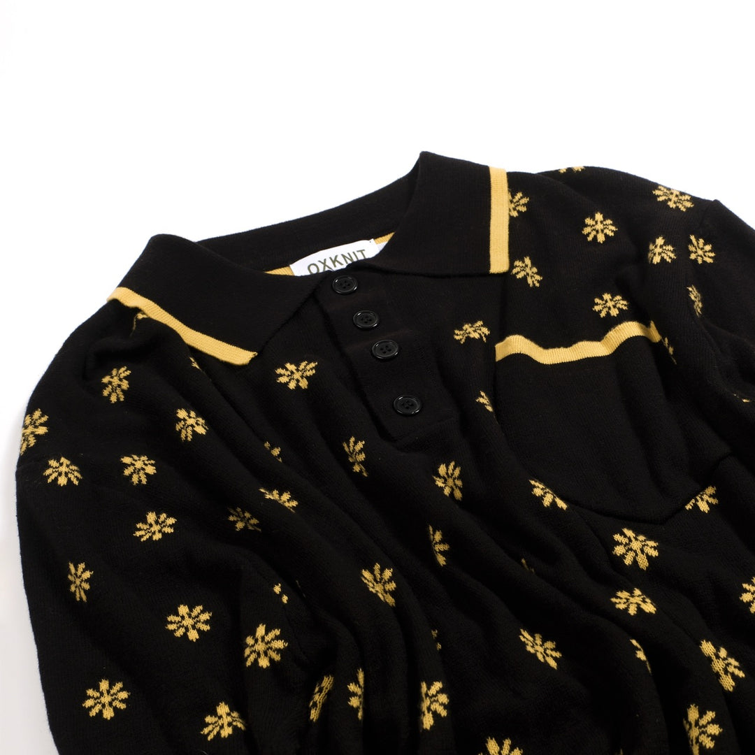 Heren Zwarte Vintage Gebloemde Jacquard Gebreide Polo