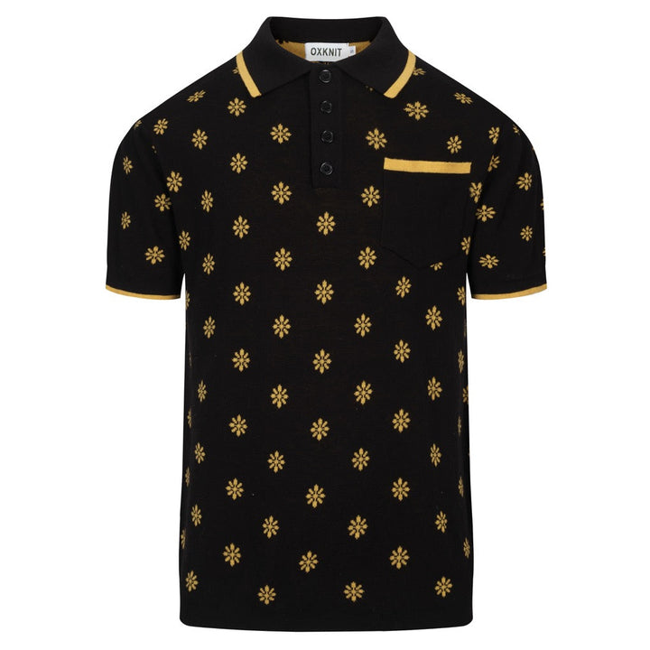 Heren Zwarte Vintage Gebloemde Jacquard Gebreide Polo