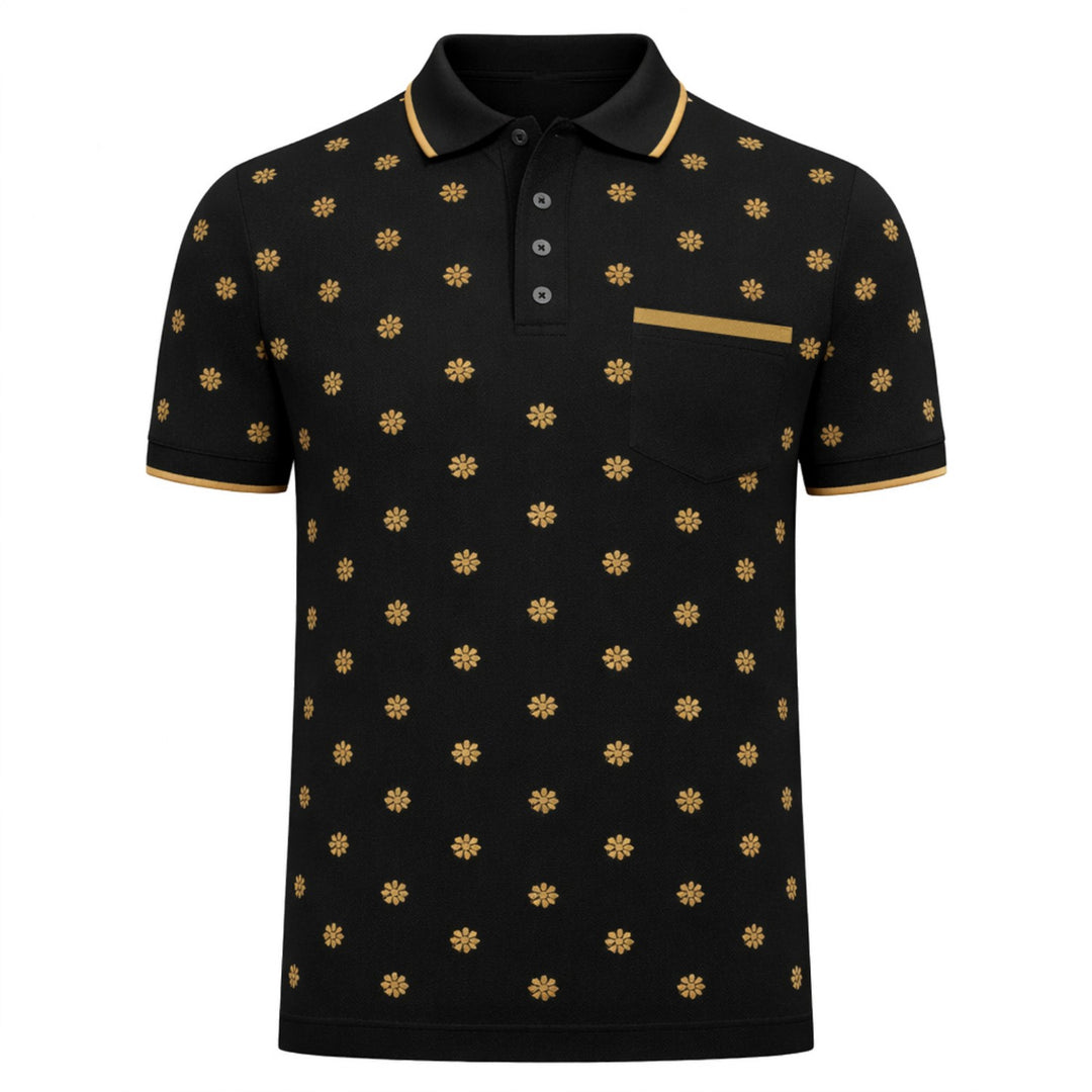 Heren Zwarte Vintage Gebloemde Jacquard Gebreide Polo