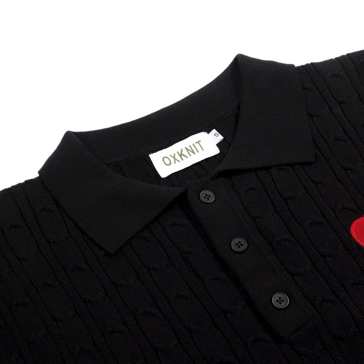 Men's Black Vintage Heart Embroidered Polo Knit Shirt