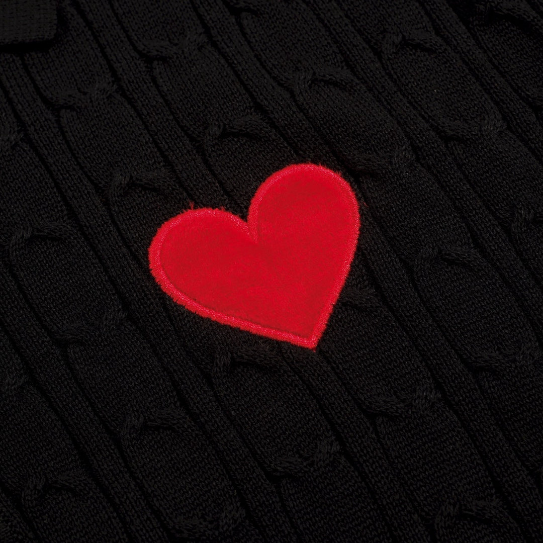 Men's Black Vintage Heart Embroidered Polo Knit Shirt
