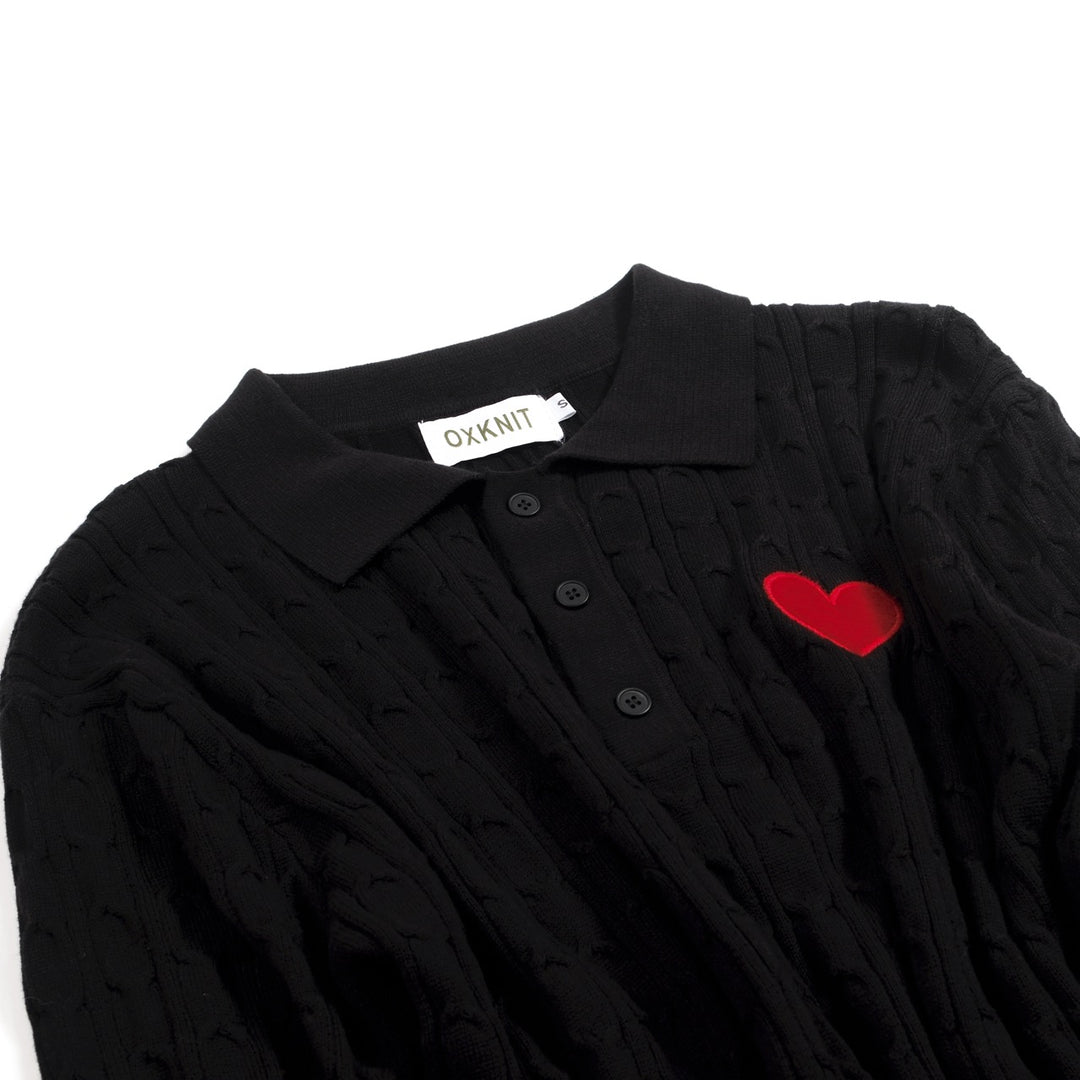 Men's Black Vintage Heart Embroidered Polo Knit Shirt