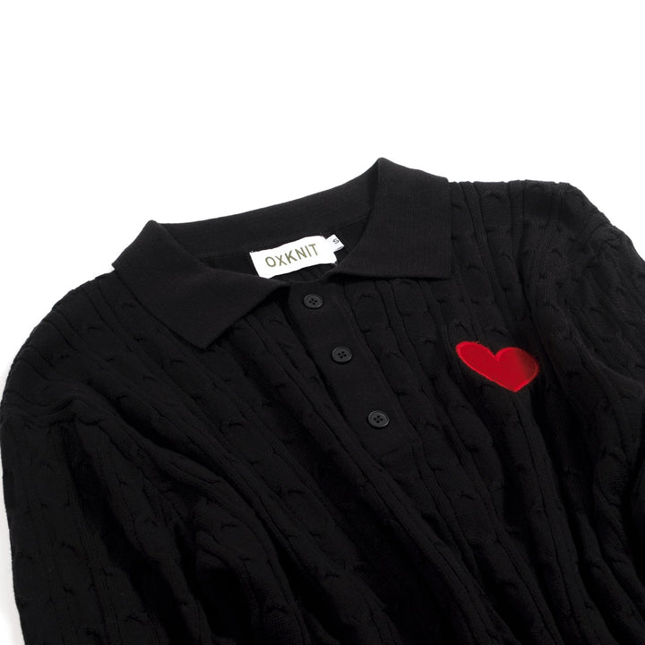 Men's Black Vintage Heart Embroidered Polo Knit Shirt