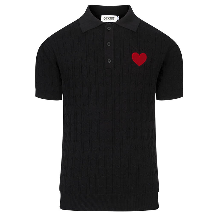 Men's Black Vintage Heart Embroidered Polo Knit Shirt