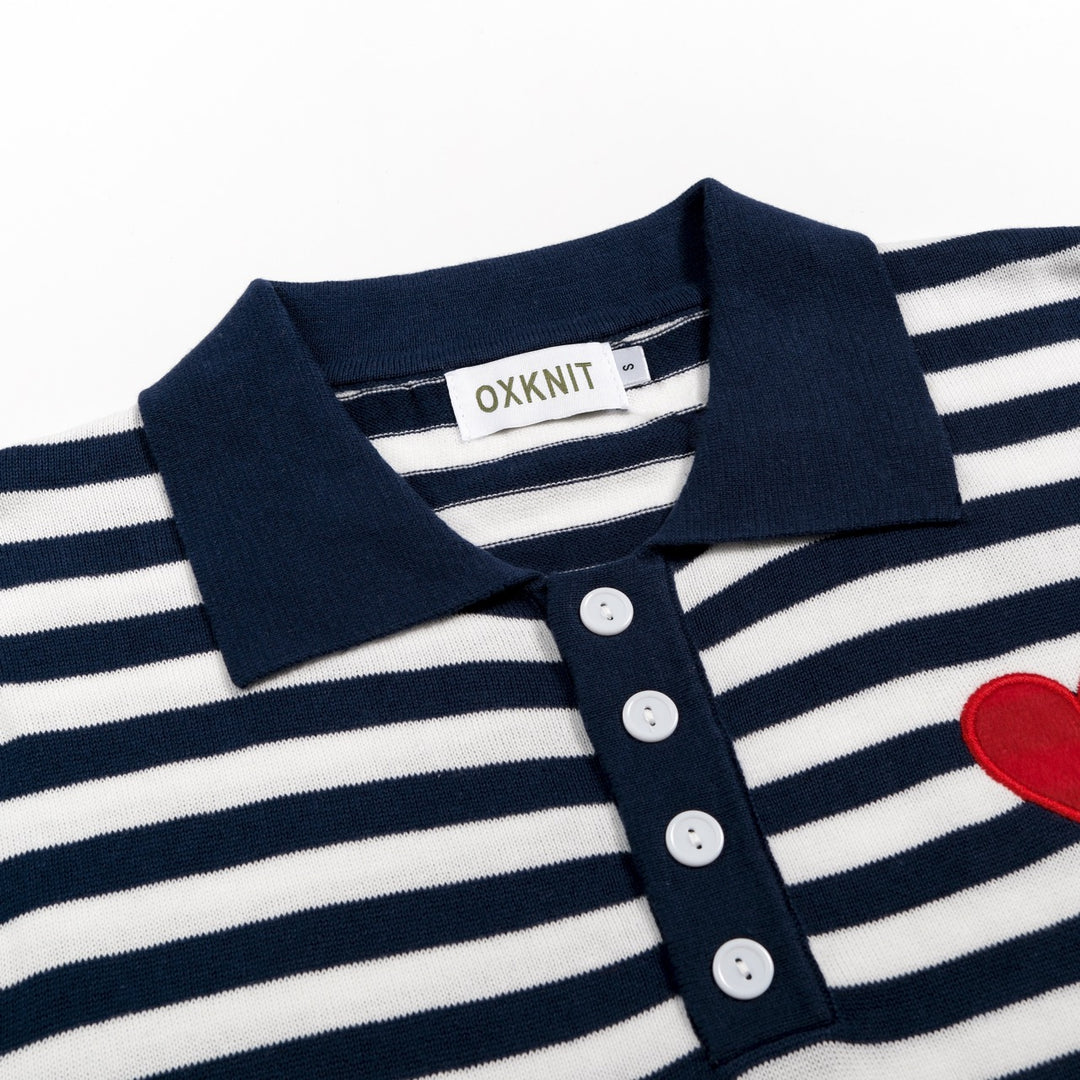 Men's Dark Blue Vintage Striped Heart Embroidered Polo Knit Shirt