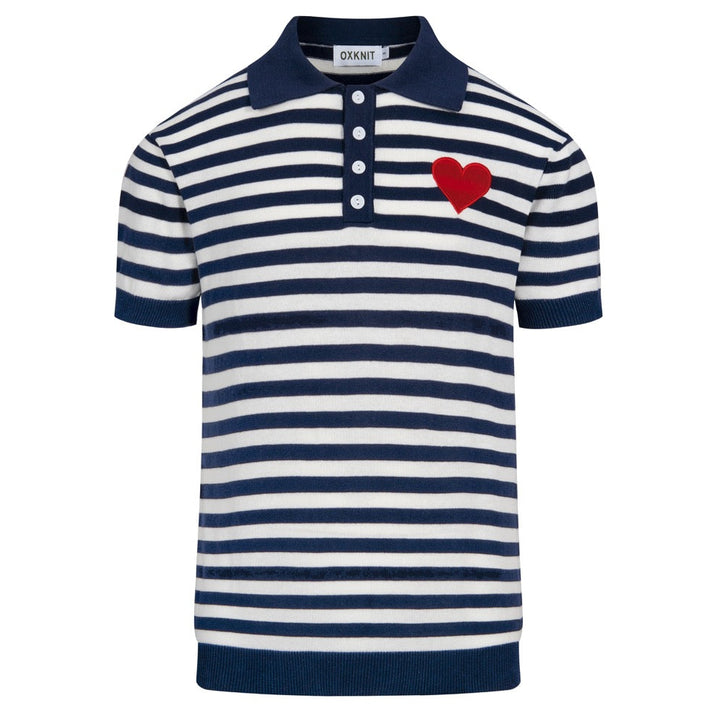 Men's Dark Blue Vintage Striped Heart Embroidered Polo Knit Shirt