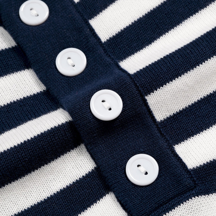 Men's Dark Blue Vintage Striped Heart Embroidered Polo Knit Shirt