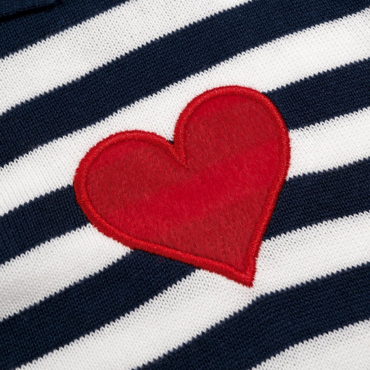 Men's Dark Blue Vintage Striped Heart Embroidered Polo Knit Shirt