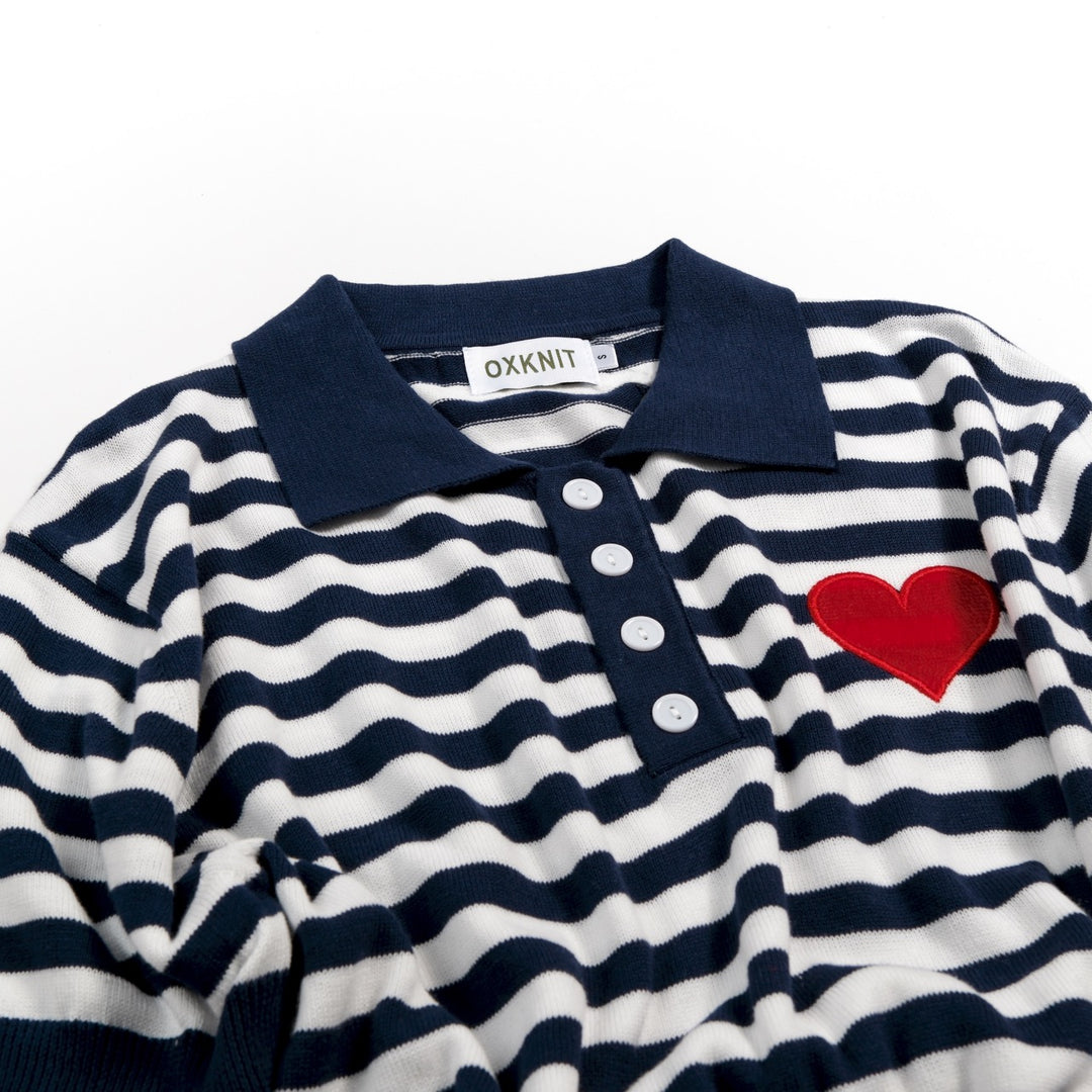 Men's Dark Blue Vintage Striped Heart Embroidered Polo Knit Shirt