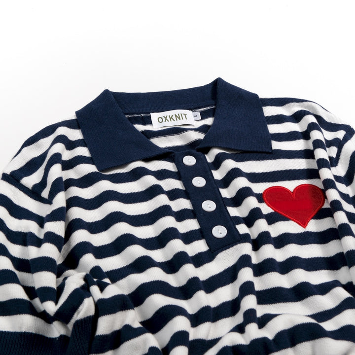 Men's Dark Blue Vintage Striped Heart Embroidered Polo Knit Shirt