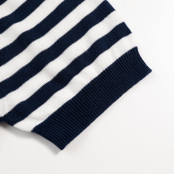Men's Dark Blue Vintage Striped Heart Embroidered Polo Knit Shirt