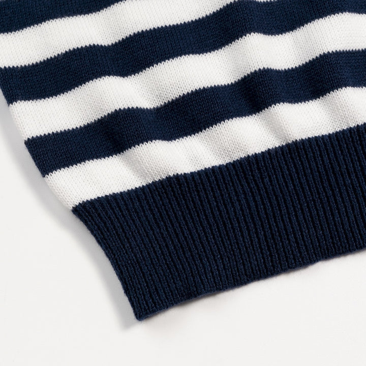 Men's Dark Blue Vintage Striped Heart Embroidered Polo Knit Shirt
