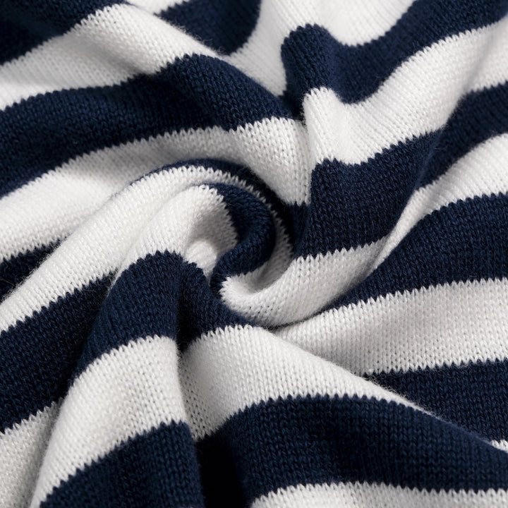 Men's Dark Blue Vintage Striped Heart Embroidered Polo Knit Shirt
