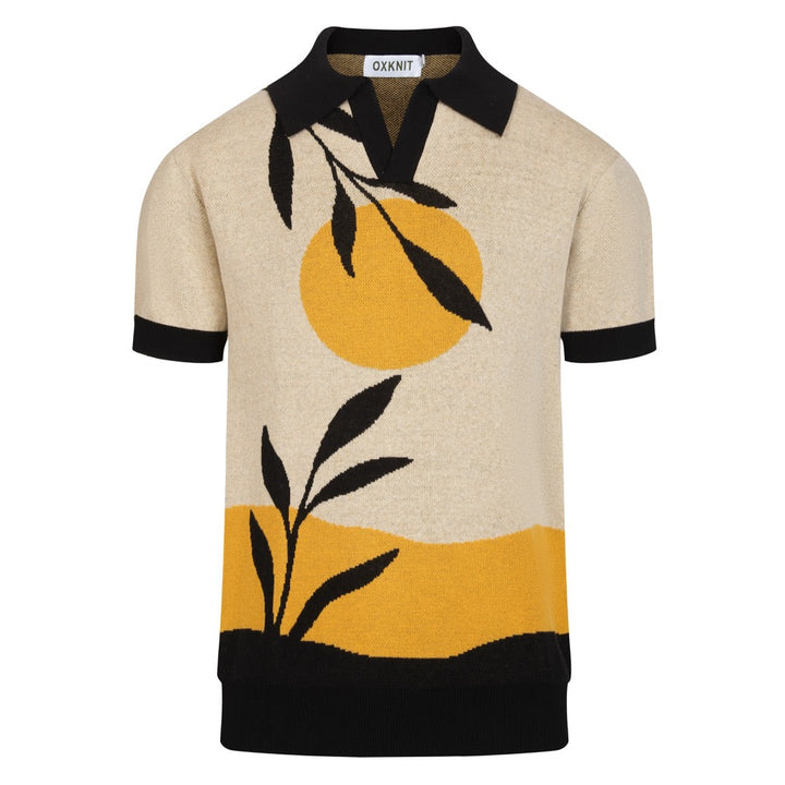 Men's Apricot Vintage Landscape Art Jacquard Polo Knit Shirt