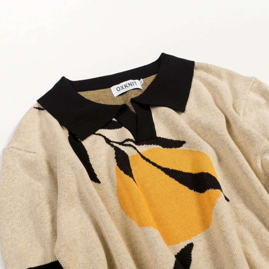 Men's Apricot Vintage Landscape Art Jacquard Polo Knit Shirt