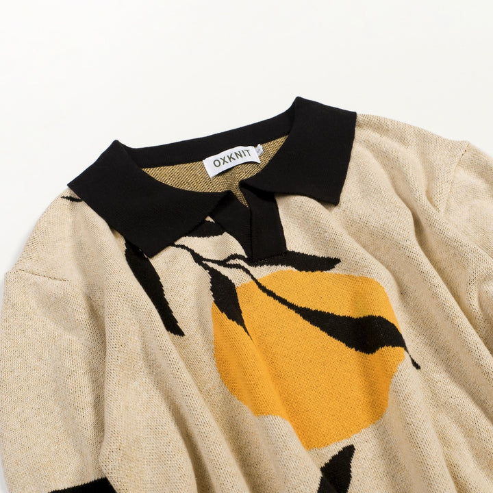 Men's Apricot Vintage Landscape Art Jacquard Polo Knit Shirt