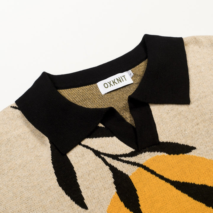 Men's Apricot Vintage Landscape Art Jacquard Polo Knit Shirt