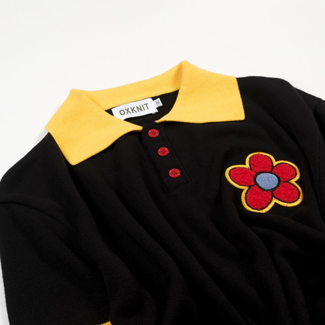 Men's Black Minimalist Artistic Floral Embroidery Polo Knit Shirt