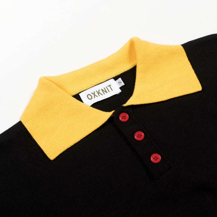 Men's Black Minimalist Artistic Floral Embroidery Polo Knit Shirt