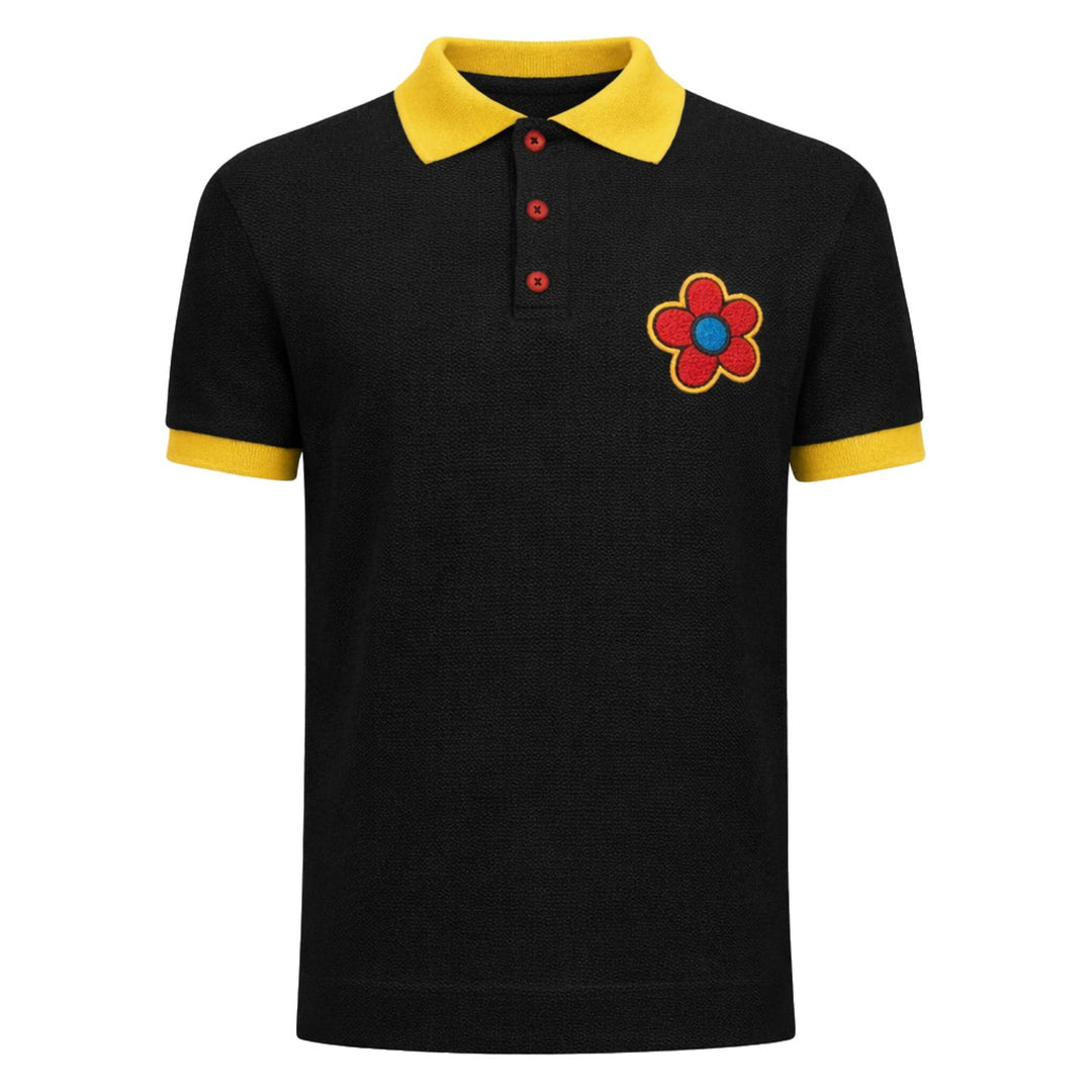 Heren Zwarte Minimalistische Artistieke Geborduurde Bloemen Polo Gebreide Shirt