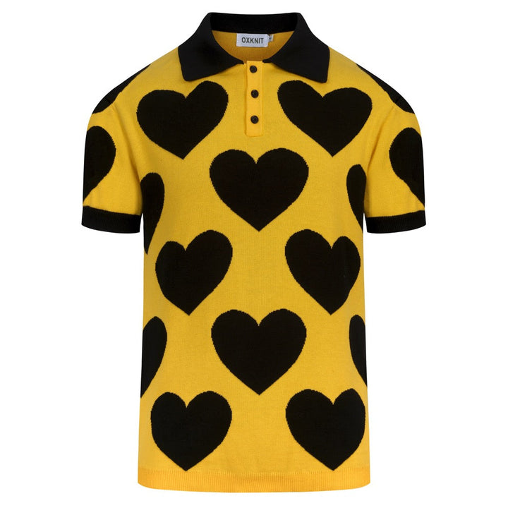 Heren Gele Minimalistische Artistieke Hart Jacquard Polo Gebreide Shirt