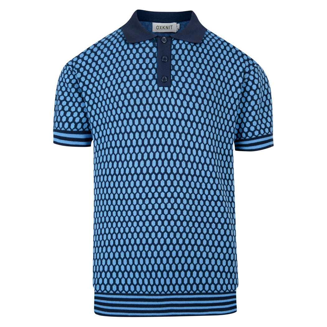 Herren Blaues Minimalistisches Retro-Karierte Jacquard Polo Strickhemd