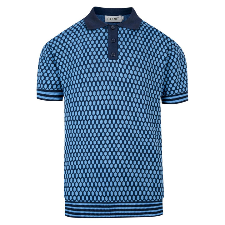 Herren Blaues Minimalistisches Retro-Karierte Jacquard Polo Strickhemd
