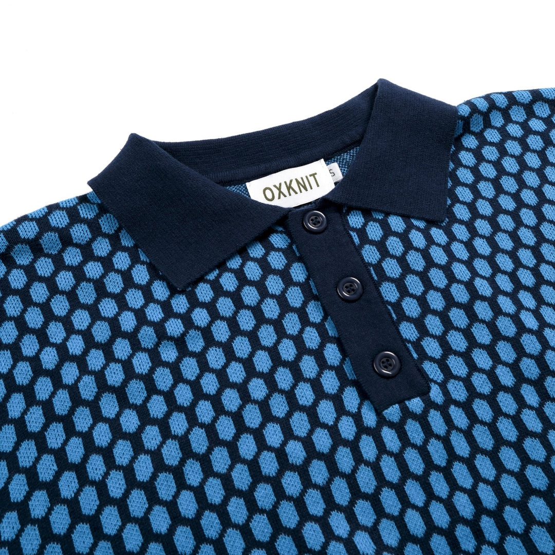 Herren Blaues Minimalistisches Retro-Karierte Jacquard Polo Strickhemd