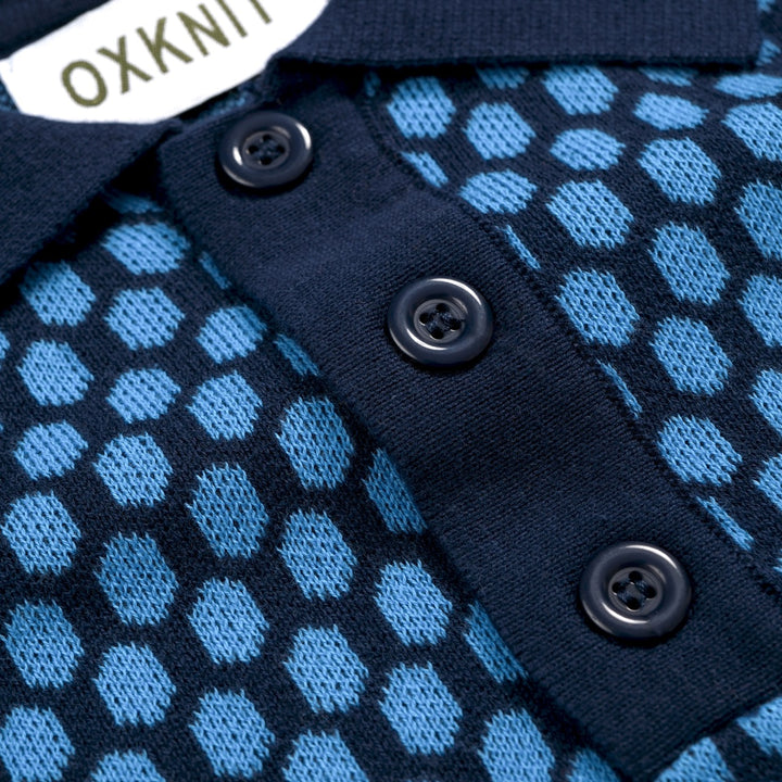Herren Blaues Minimalistisches Retro-Karierte Jacquard Polo Strickhemd