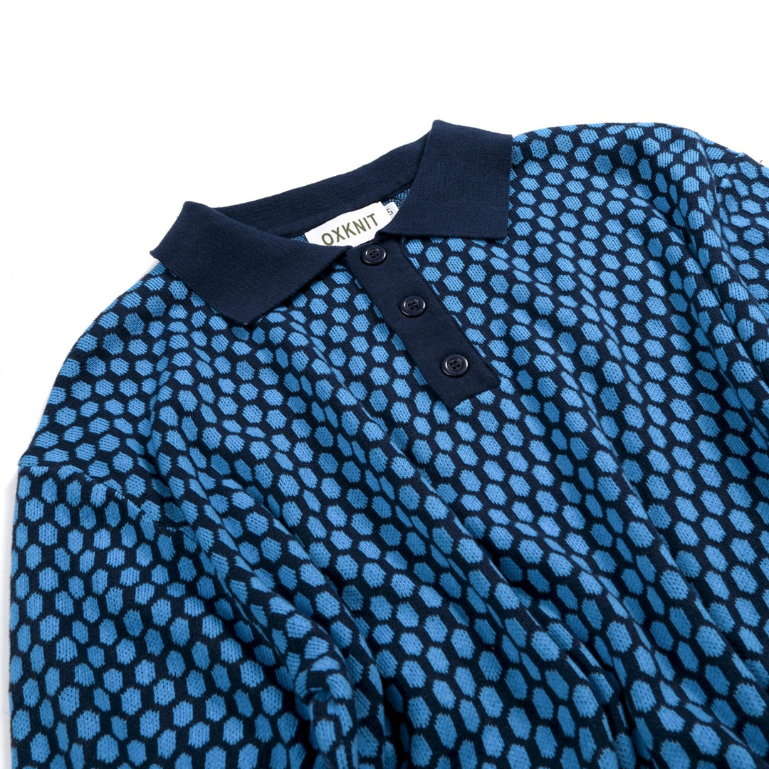 Herren Blaues Minimalistisches Retro-Karierte Jacquard Polo Strickhemd