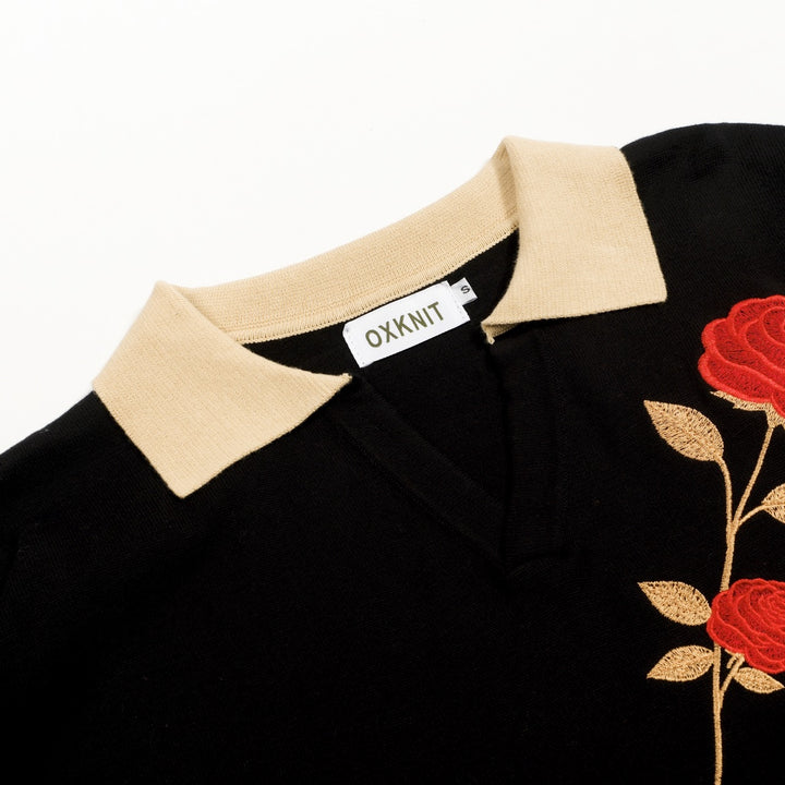 Men's Black Minimalist Vintage Rose Embroidered Polo Knit Shirt
