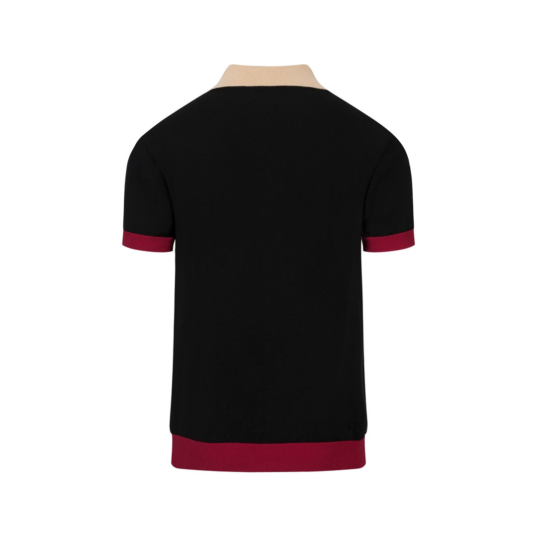 Men's Black Minimalist Vintage Rose Embroidered Polo Knit Shirt
