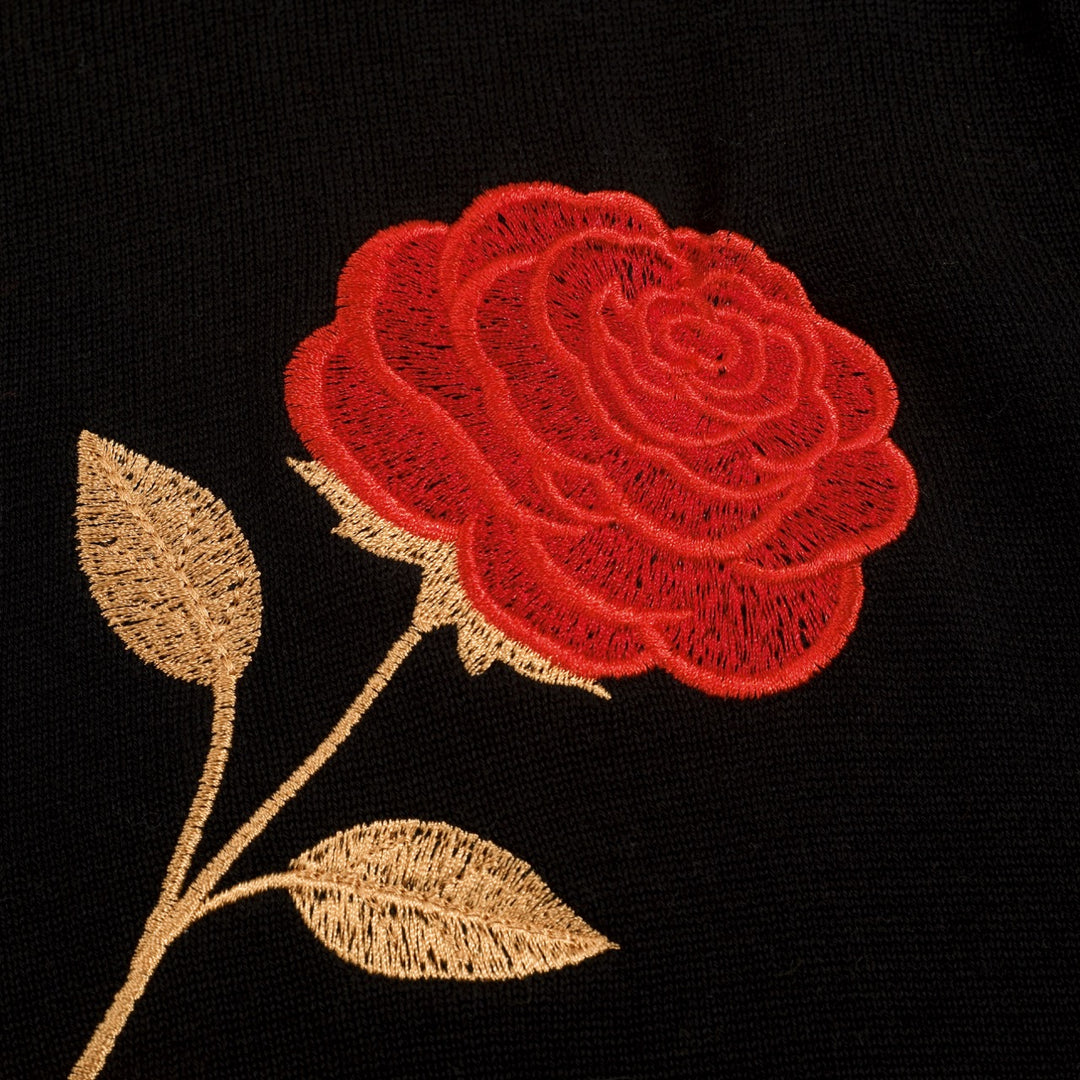 Men's Black Minimalist Vintage Rose Embroidered Polo Knit Shirt