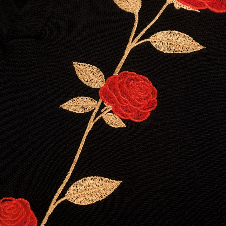 Men's Black Minimalist Vintage Rose Embroidered Polo Knit Shirt