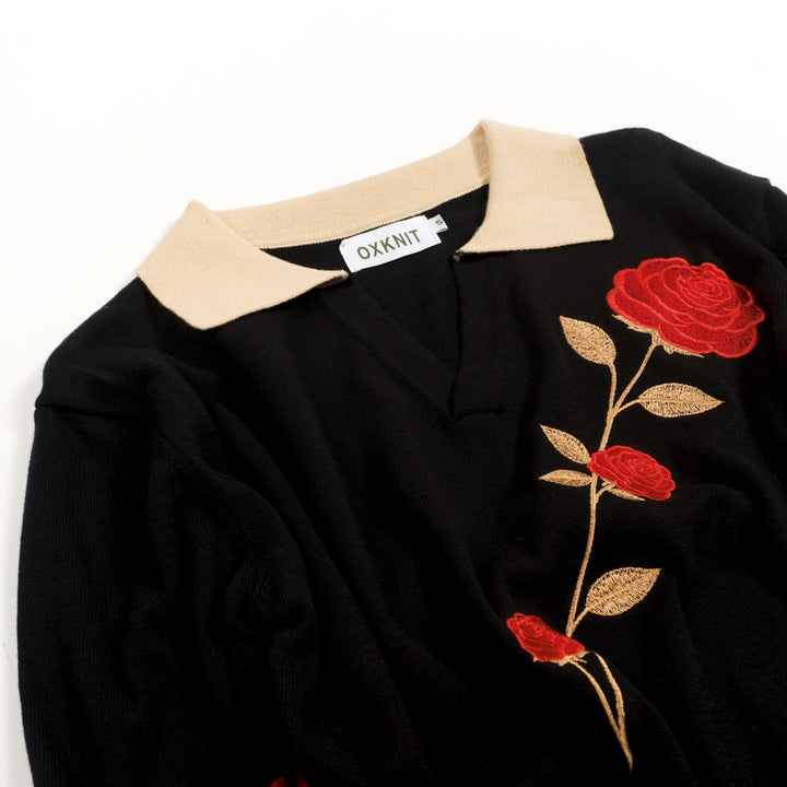 Men's Black Minimalist Vintage Rose Embroidered Polo Knit Shirt
