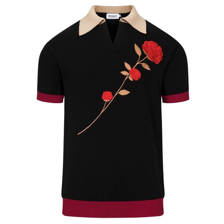 Men's Black Minimalist Vintage Rose Embroidered Polo Knit Shirt