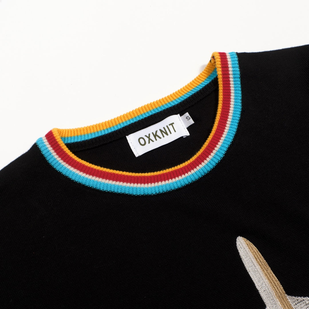 Heren Zwart Klassiek Retro Vliegtuig Borduurwerk Gebreid T-Shirt