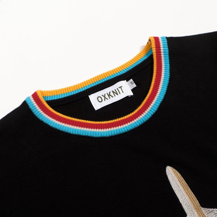 Heren Zwart Klassiek Retro Vliegtuig Borduurwerk Gebreid T-Shirt