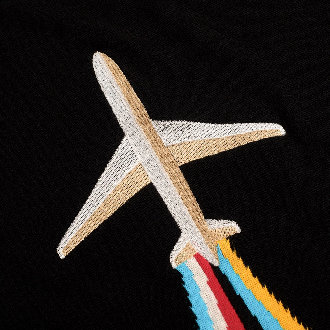 Heren Zwart Klassiek Retro Vliegtuig Borduurwerk Gebreid T-Shirt