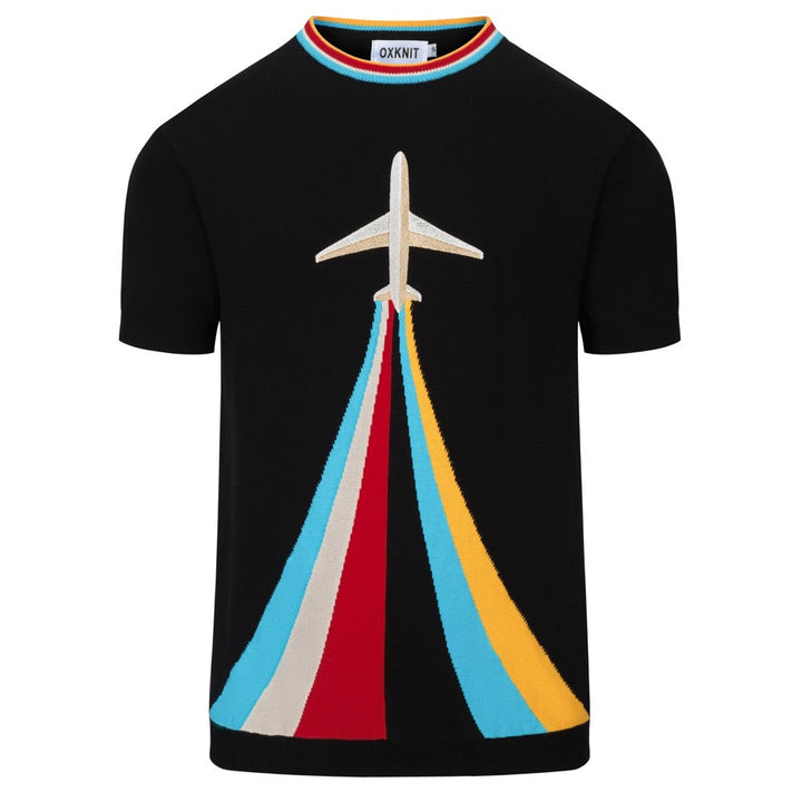 Heren Zwart Klassiek Retro Vliegtuig Borduurwerk Gebreid T-Shirt