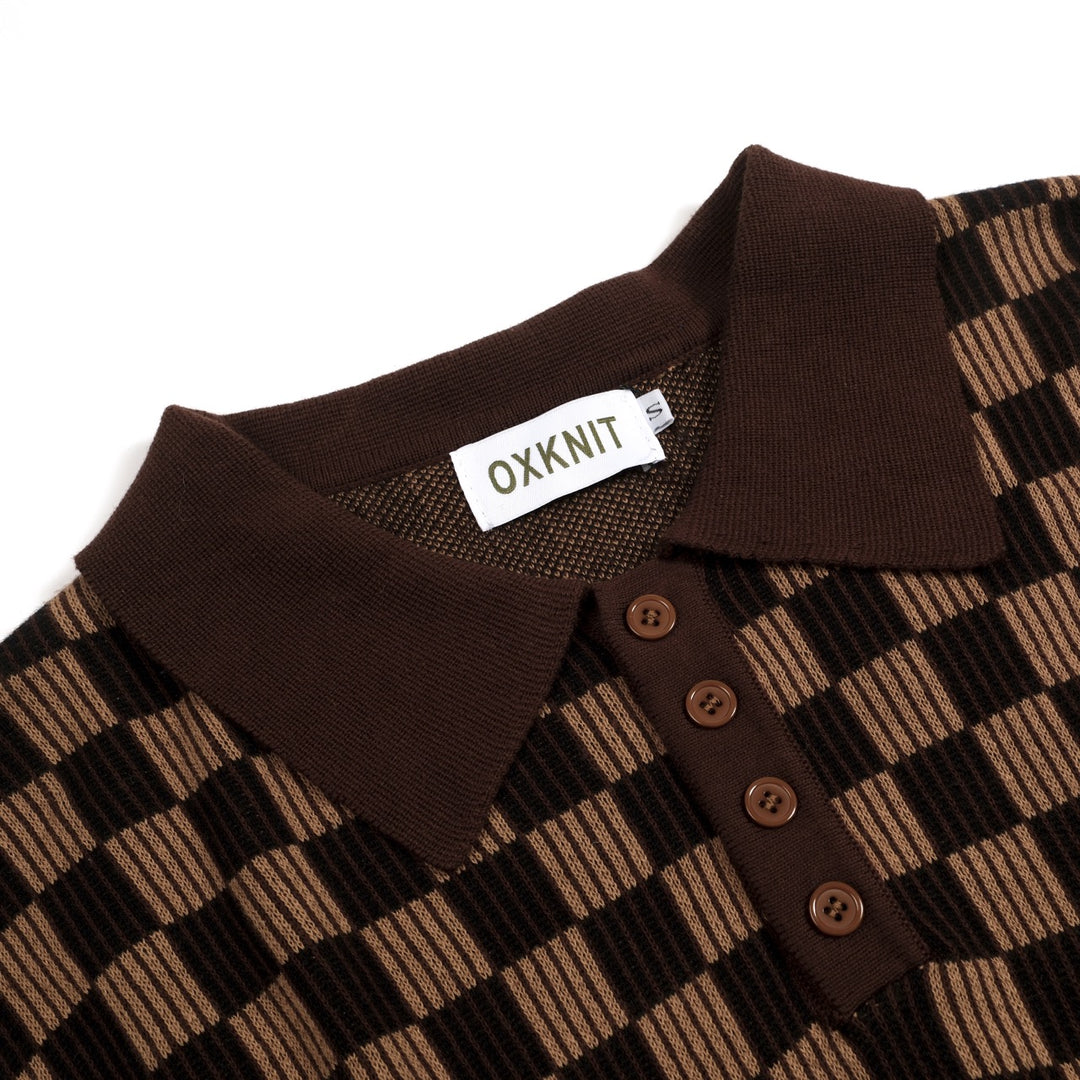 Camisa tipo polo de punto jacquard minimalista vintage marrón café para hombre