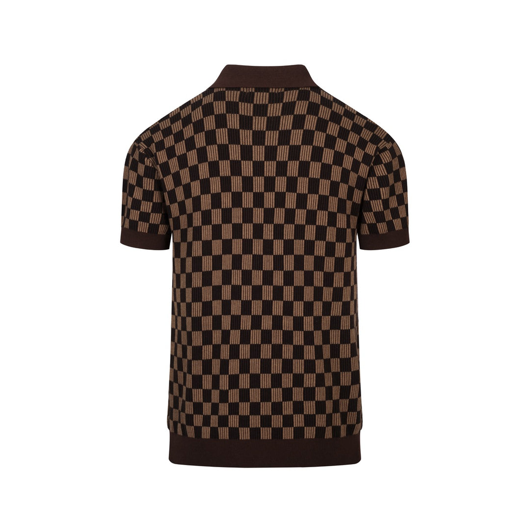Camisa tipo polo de punto jacquard minimalista vintage marrón café para hombre