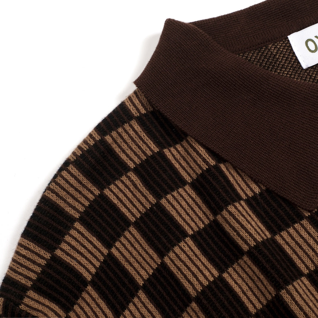 Camisa tipo polo de punto jacquard minimalista vintage marrón café para hombre