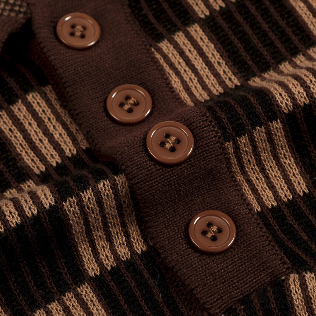 Camisa tipo polo de punto jacquard minimalista vintage marrón café para hombre