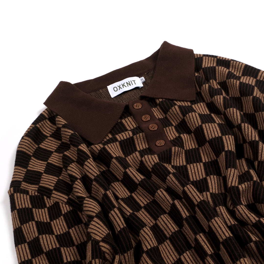 Camisa tipo polo de punto jacquard minimalista vintage marrón café para hombre