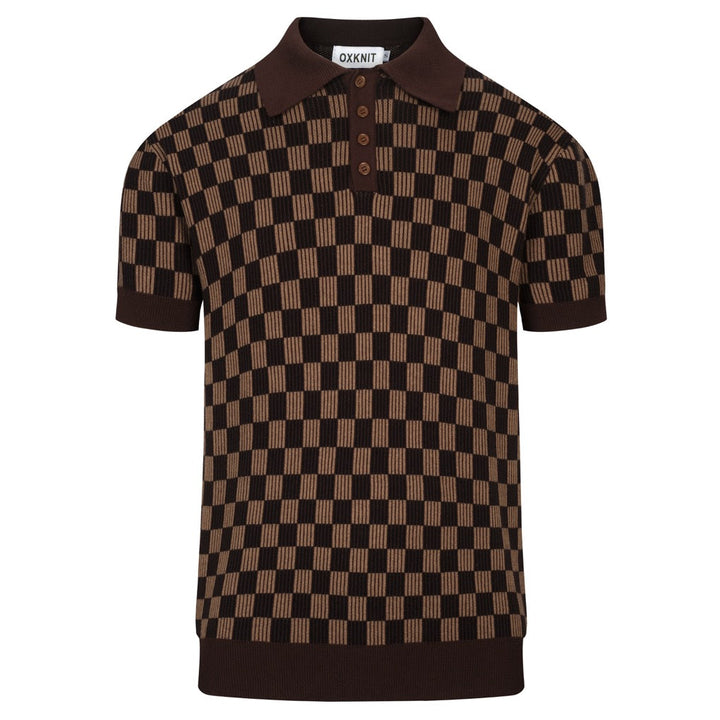 Camisa tipo polo de punto jacquard minimalista vintage marrón café para hombre