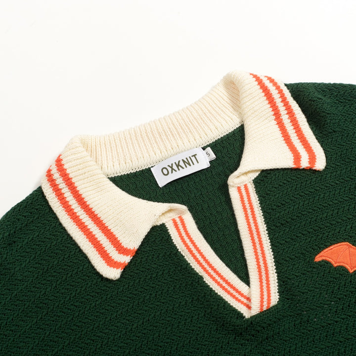 Heren Groene Retro Minimalistische Polo Gebreide Shirt met Vleermuis Borduursel