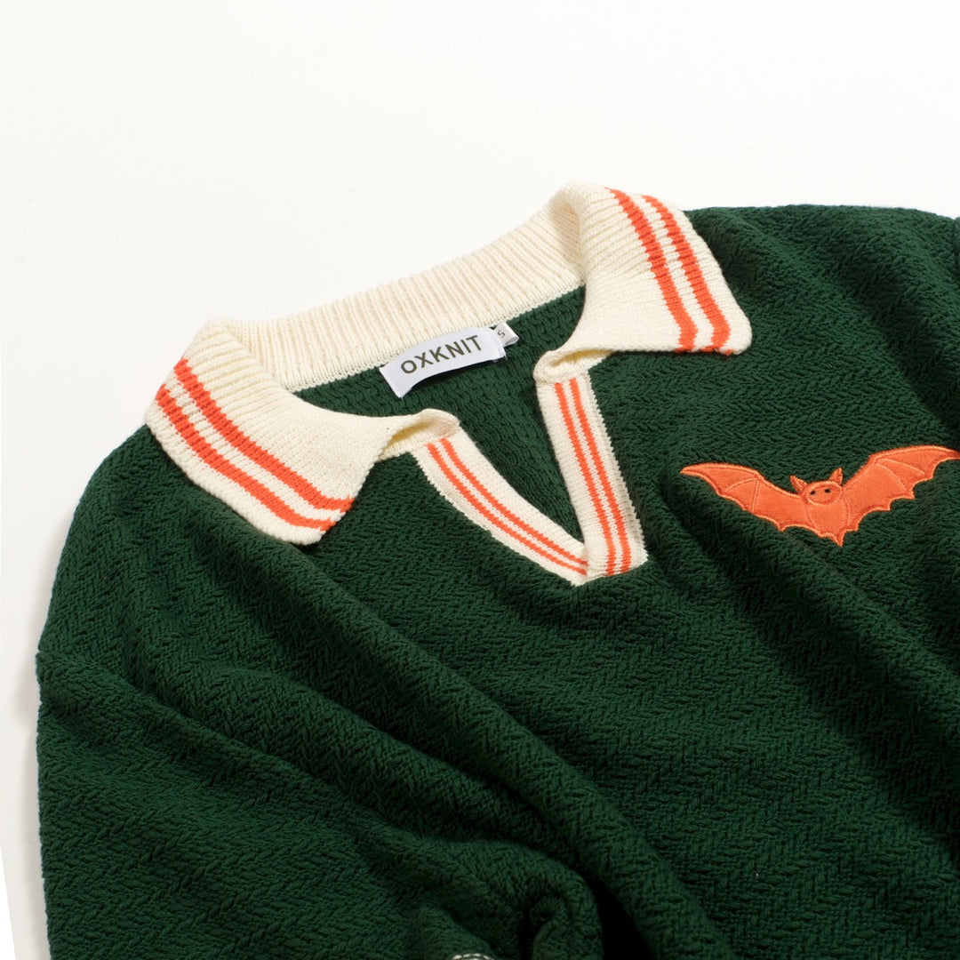 Heren Groene Retro Minimalistische Polo Gebreide Shirt met Vleermuis Borduursel