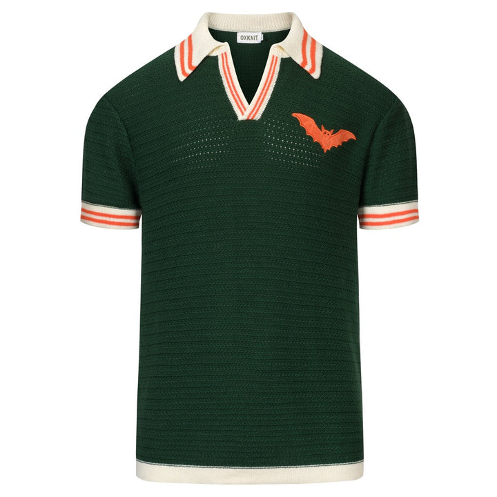 Heren Groene Retro Minimalistische Polo Gebreide Shirt met Vleermuis Borduursel